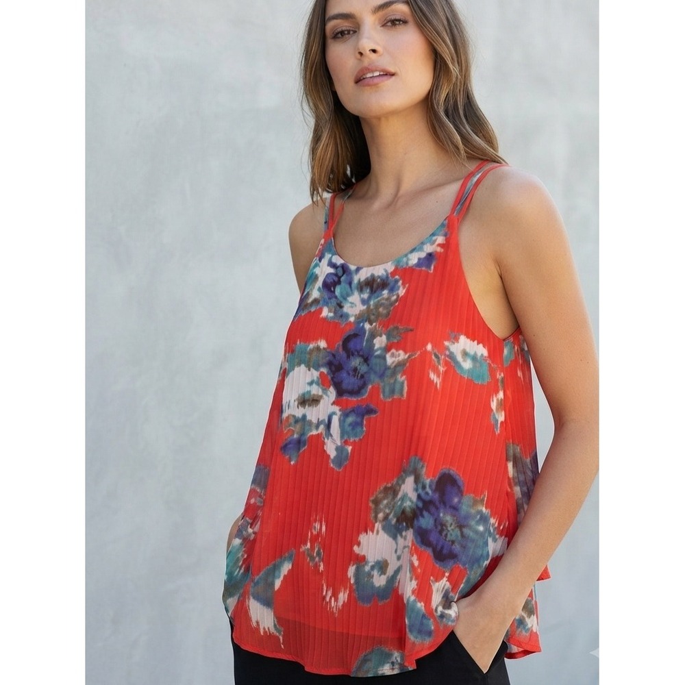 Sienna Sky Floral Pleated Strappy Halter Boho‎ Tank Top Red Medium